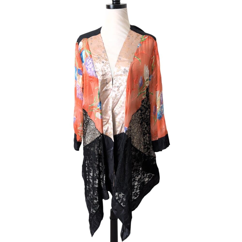 Violet Kay Silk Lace Mixed Media Patchwork Kimono Top Womens 1X Wearable Art‎